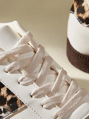 Relaxed Casual Leopard Panel PU Leather Low Cut Lace up Sneakers