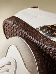 Relaxed Casual Leopard Panel PU Leather Low Cut Lace up Sneakers