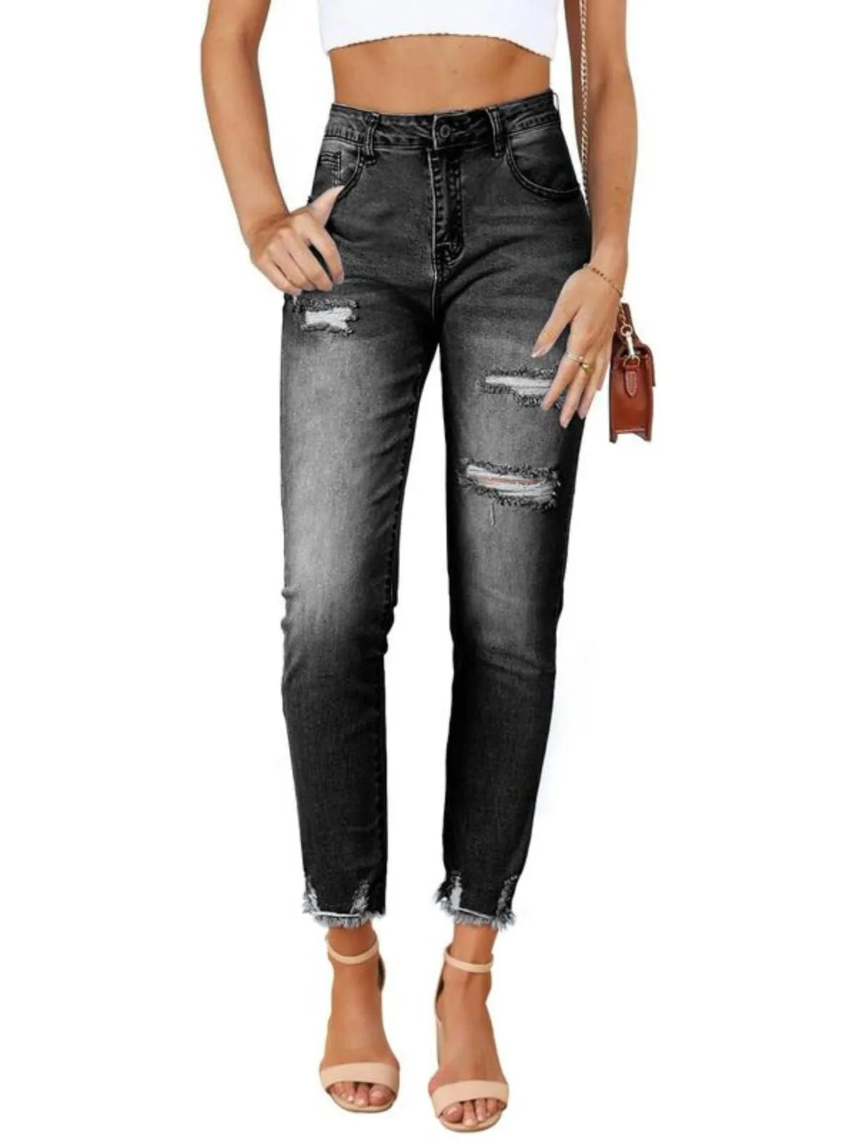 Ripped Boyfriend Distressed Tummy Control Lightweight Stretchy High Waist Plenty Straight Leg Ankle Denim Jeans