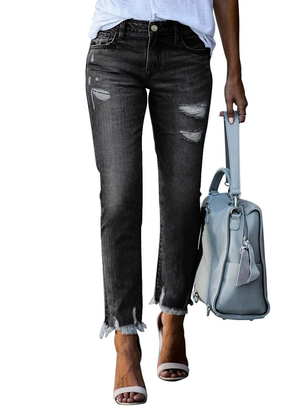 Ripped Boyfriend Distressed Tummy Control Lightweight Stretchy High Waist Plenty Straight Leg Ankle Denim Jeans