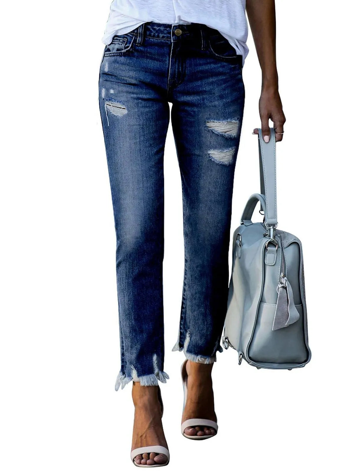 Ripped Boyfriend Distressed Tummy Control Lightweight Stretchy High Waist Plenty Straight Leg Ankle Denim Jeans