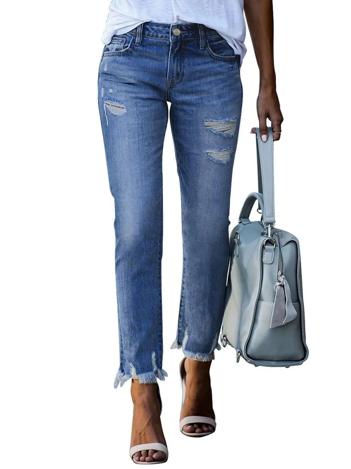 Ripped Boyfriend Distressed Tummy Control Lightweight Stretchy High Waist Plenty Straight Leg Ankle Denim Jeans