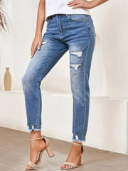Ripped Boyfriend Distressed Tummy Control Lightweight Stretchy High Waist Plenty Straight Leg Ankle Denim Jeans