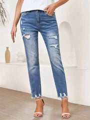 Ripped Boyfriend Distressed Tummy Control Lightweight Stretchy High Waist Plenty Straight Leg Ankle Denim Jeans