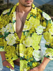 Rose Floral Button Lapel Regular Long Sleeve Shirt