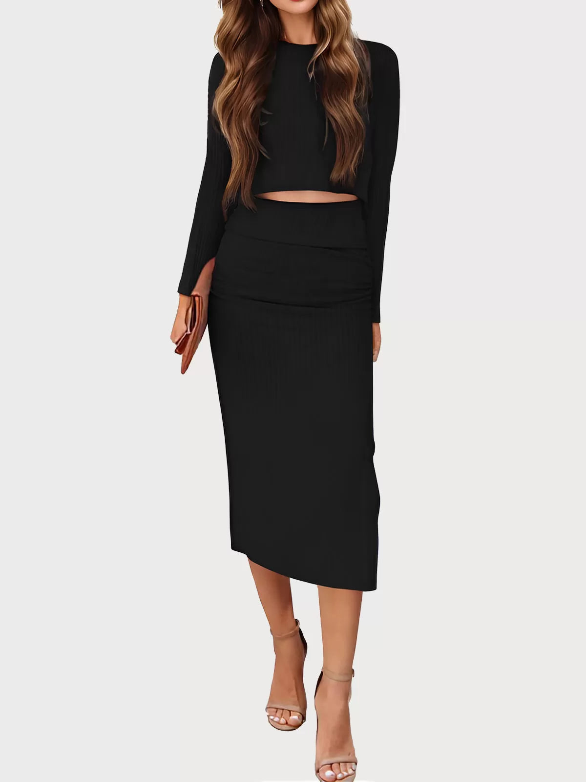 Round Neck Long Sleeve T-shirt & Skirt