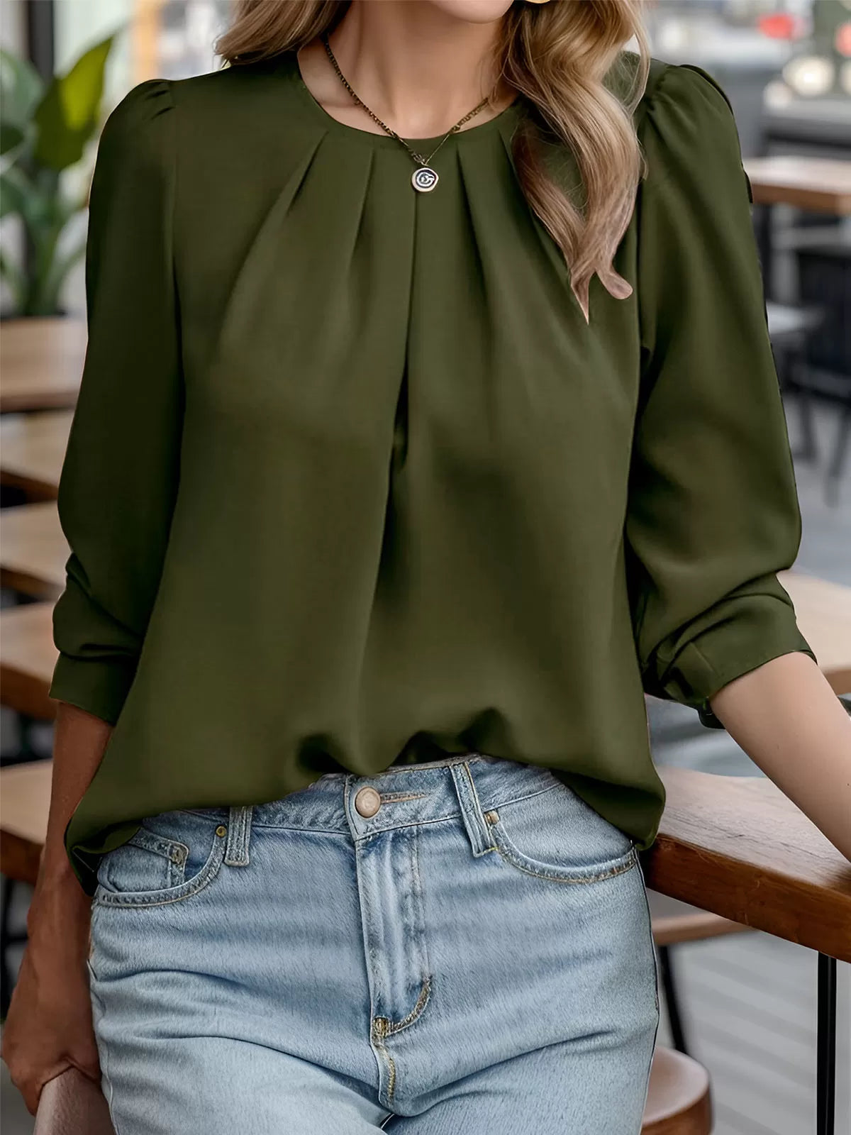 Round Neck Puff Long Sleeve Blouse
