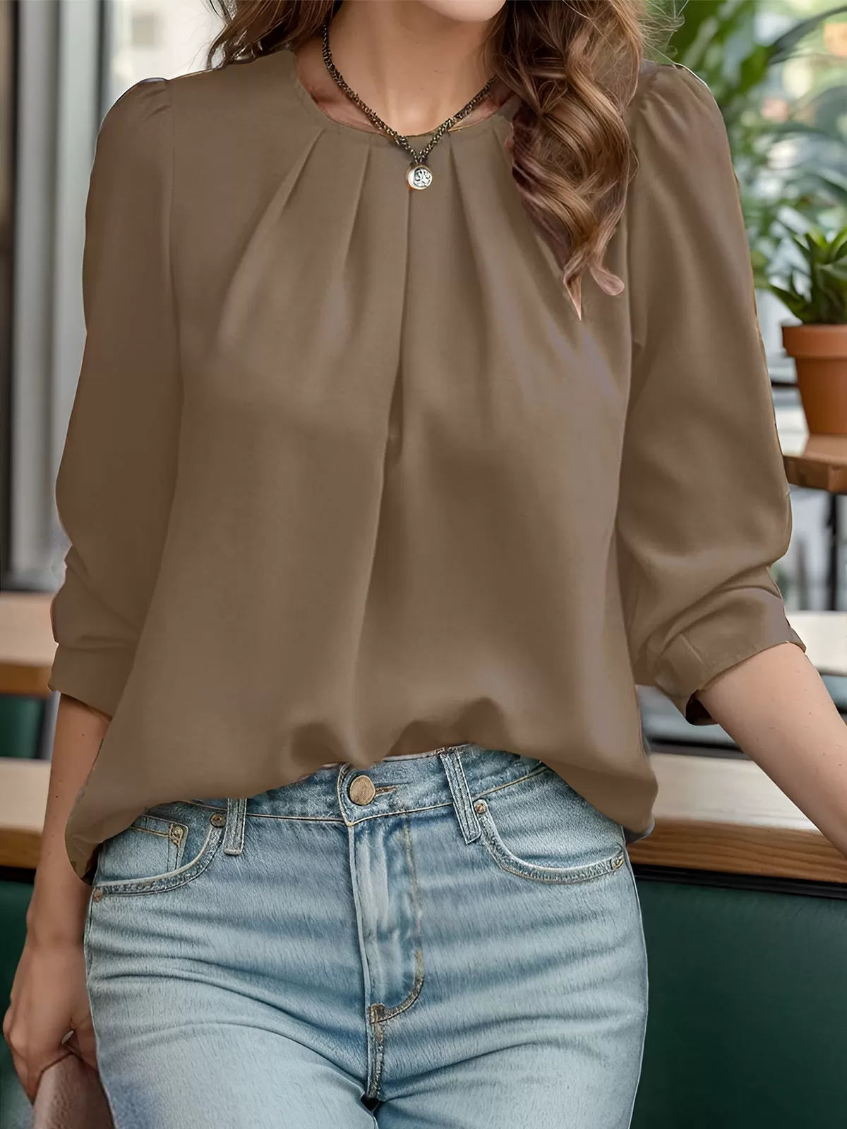 Round Neck Puff Long Sleeve Blouse