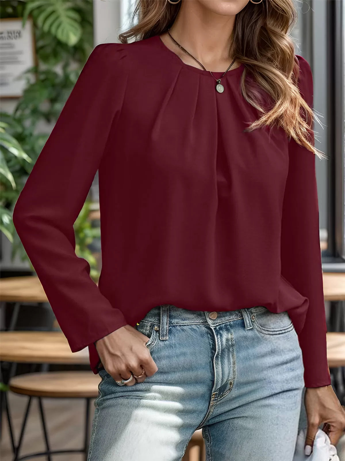 Round Neck Puff Long Sleeve Blouse