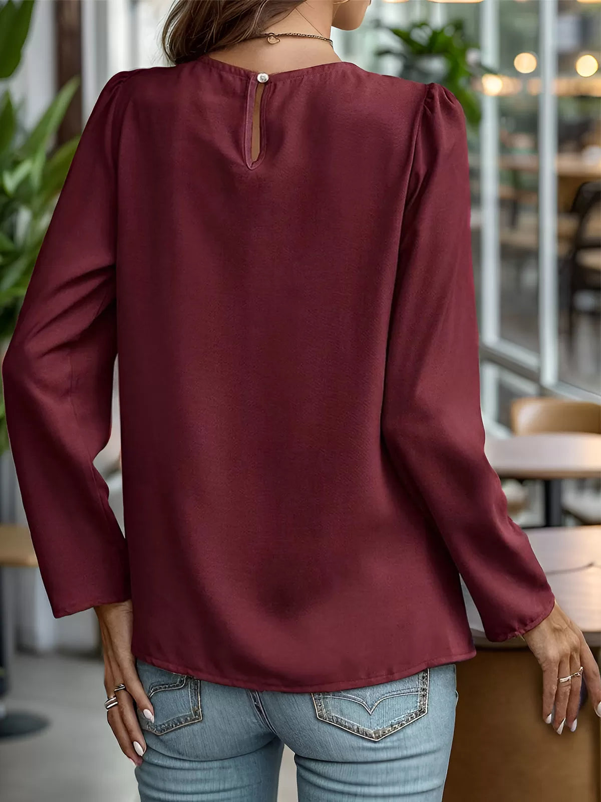 Round Neck Puff Long Sleeve Blouse