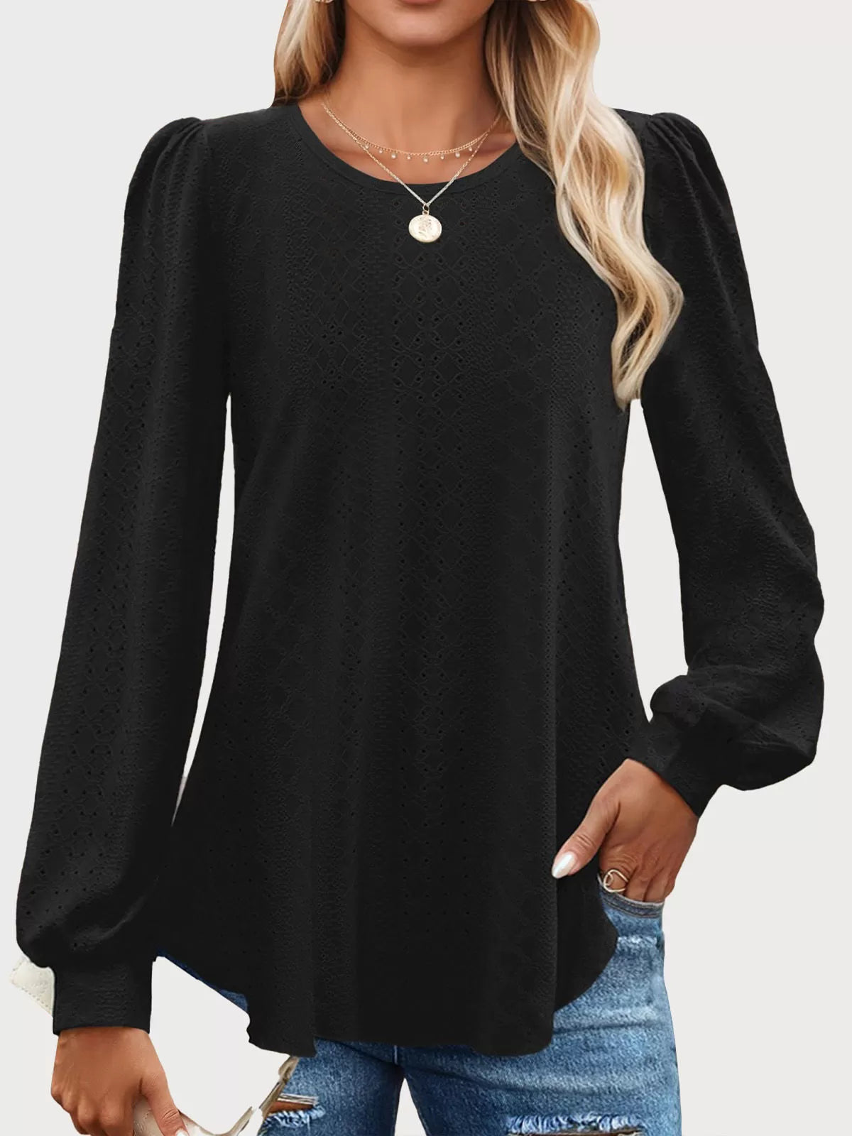 Round Neck Puff Long Sleeve Knit Blouse