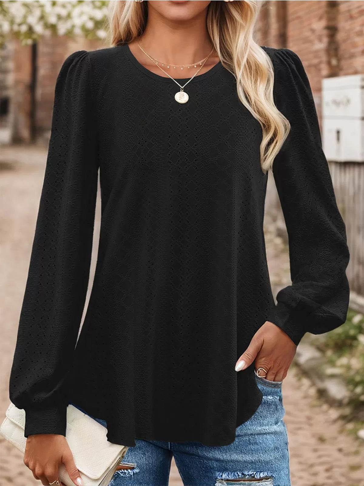Round Neck Puff Long Sleeve Knit Blouse