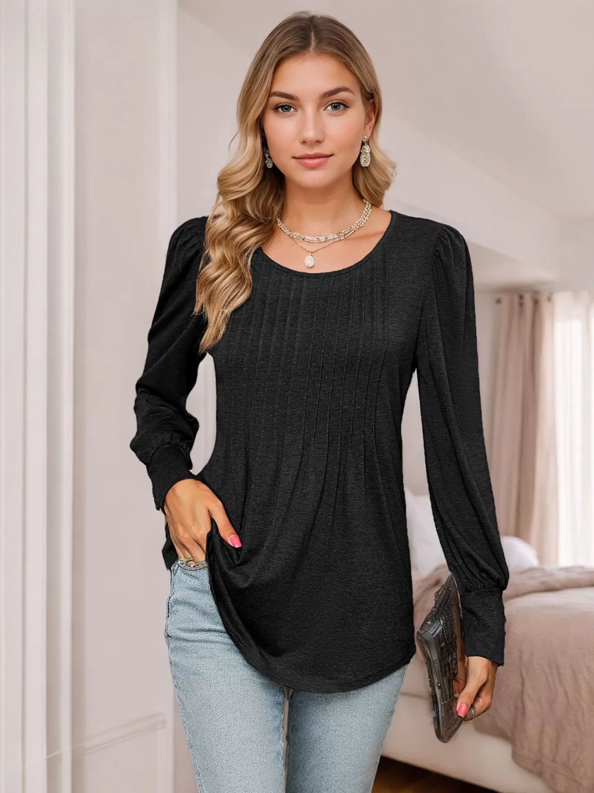 Round Neck Puff Long Sleeve Knit Blouse