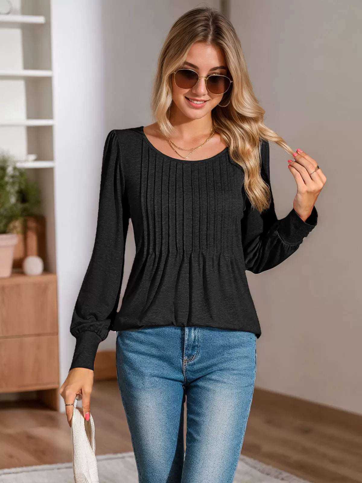 Round Neck Puff Long Sleeve Knit Blouse