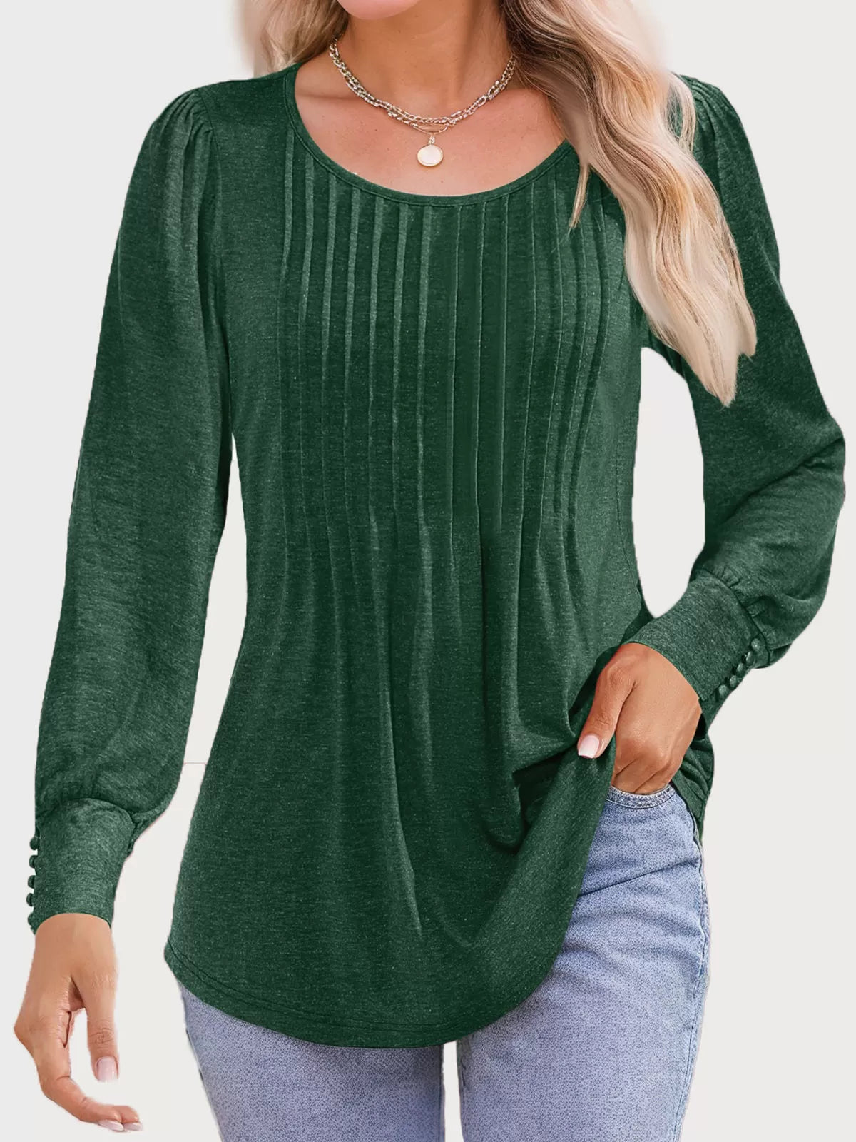 Round Neck Puff Long Sleeve Knit Blouse