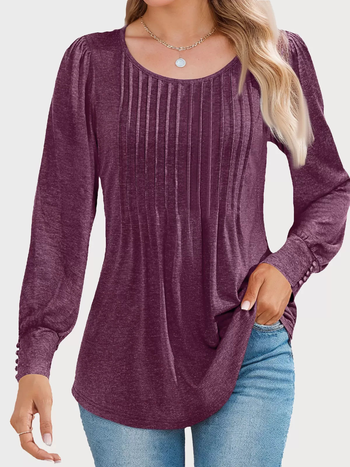 Round Neck Puff Long Sleeve Knit Blouse