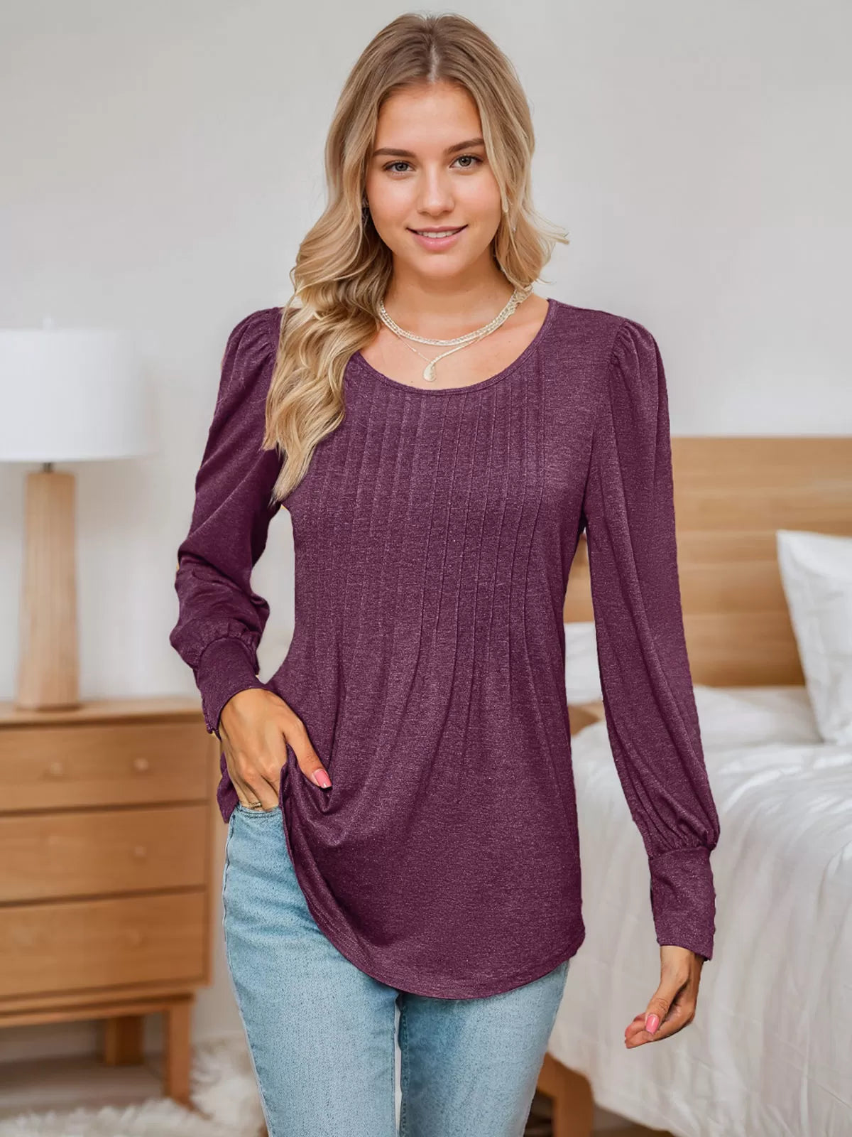 Round Neck Puff Long Sleeve Knit Blouse