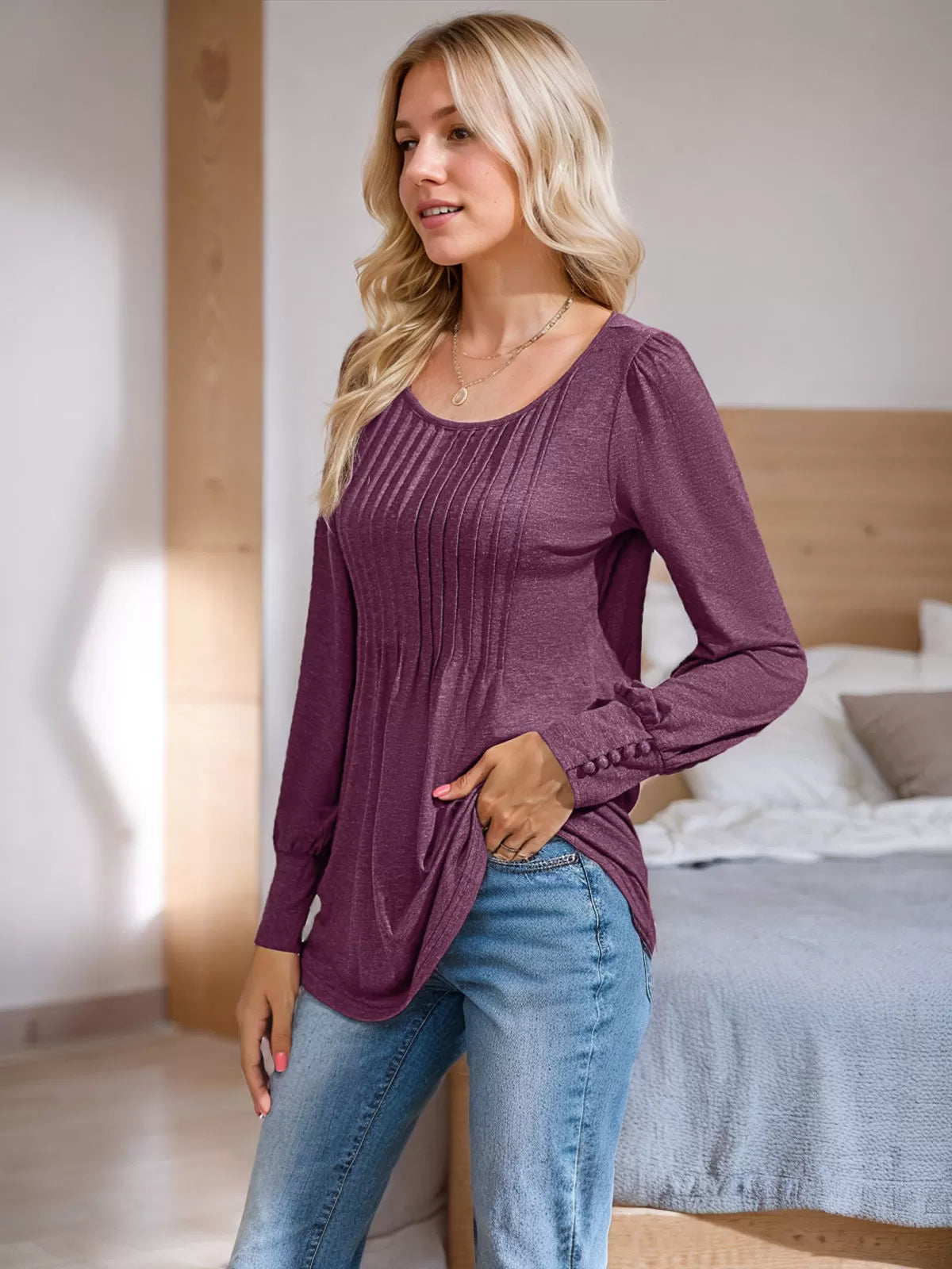 Round Neck Puff Long Sleeve Knit Blouse