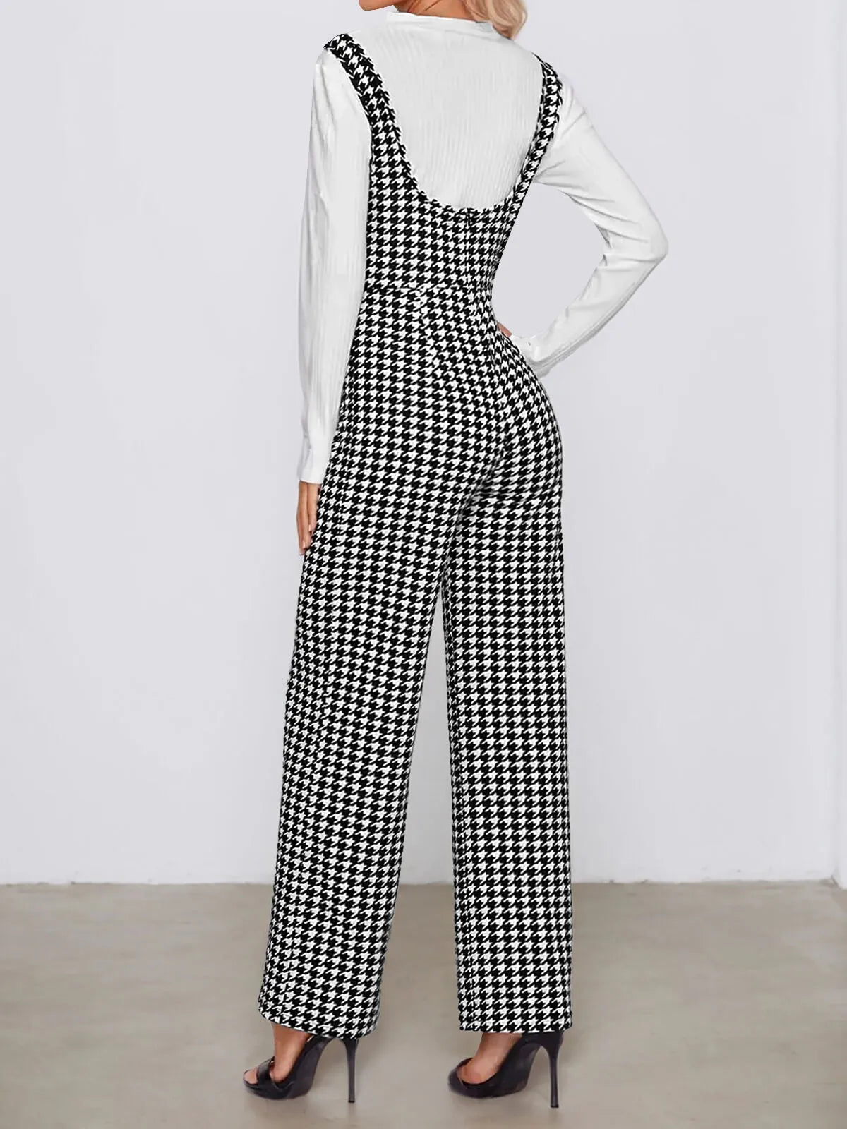 Houndstooth Button Spaghetti Strap High Rise Sleeveless Suspender Jumpsuit