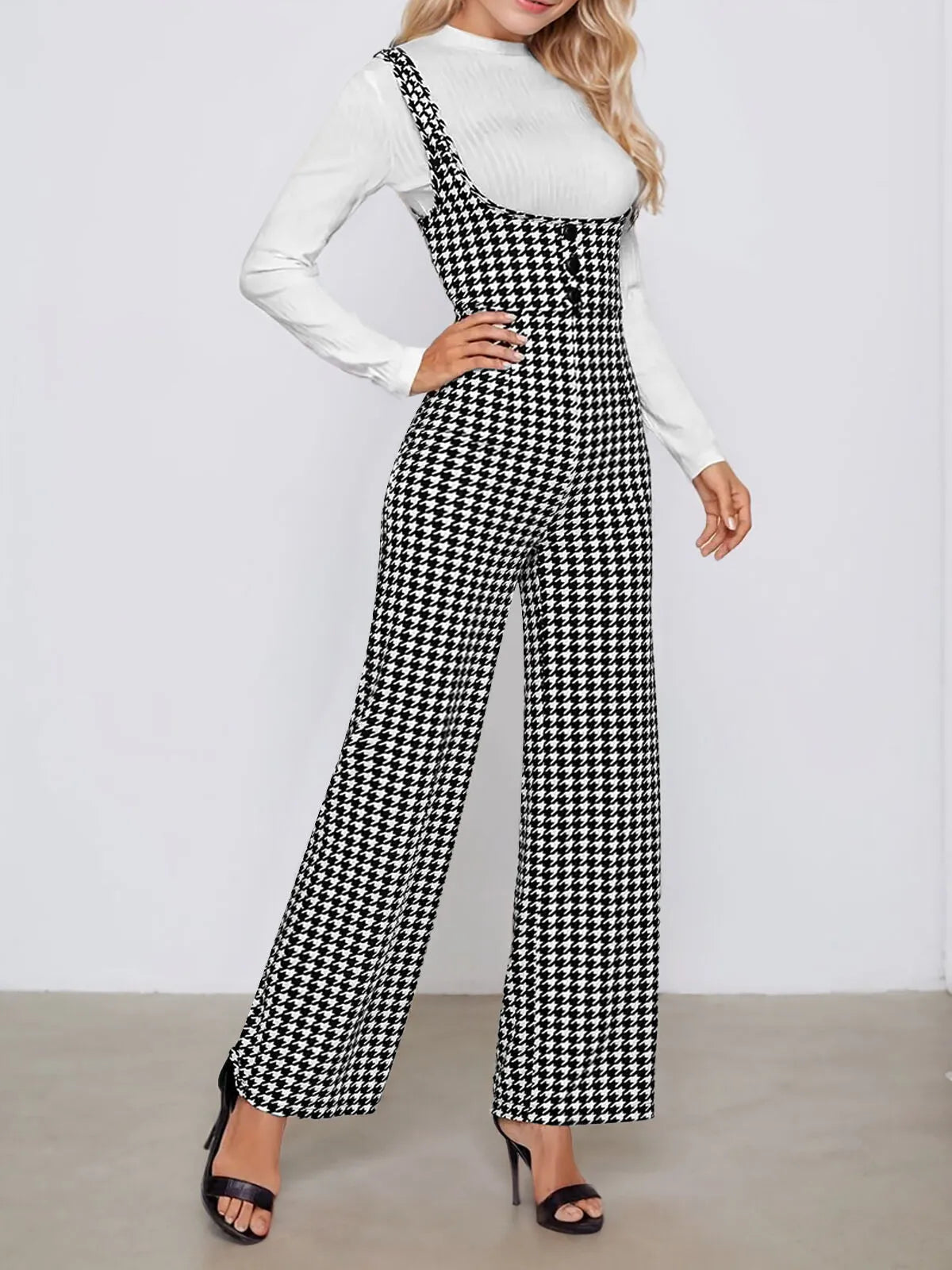 Houndstooth Button Spaghetti Strap High Rise Sleeveless Suspender Jumpsuit