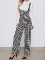Houndstooth Button Spaghetti Strap High Rise Sleeveless Suspender Jumpsuit