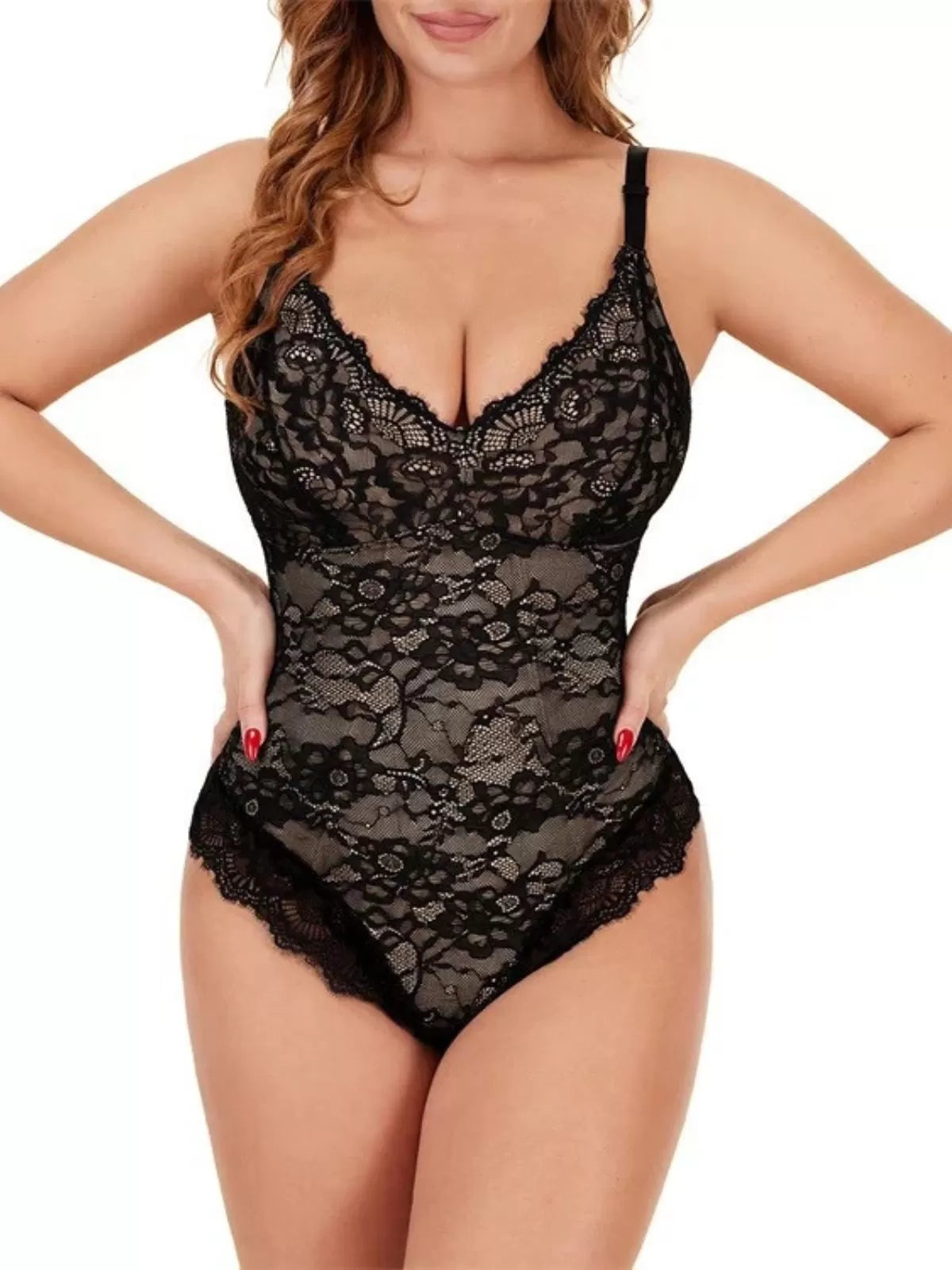 Solid Lace Spaghetti Strap High Rise Bodysuits