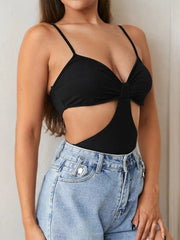 Sexy Solid Knot Front Cutout Detail Cami Backless Spaghetti Strap Bodysuits