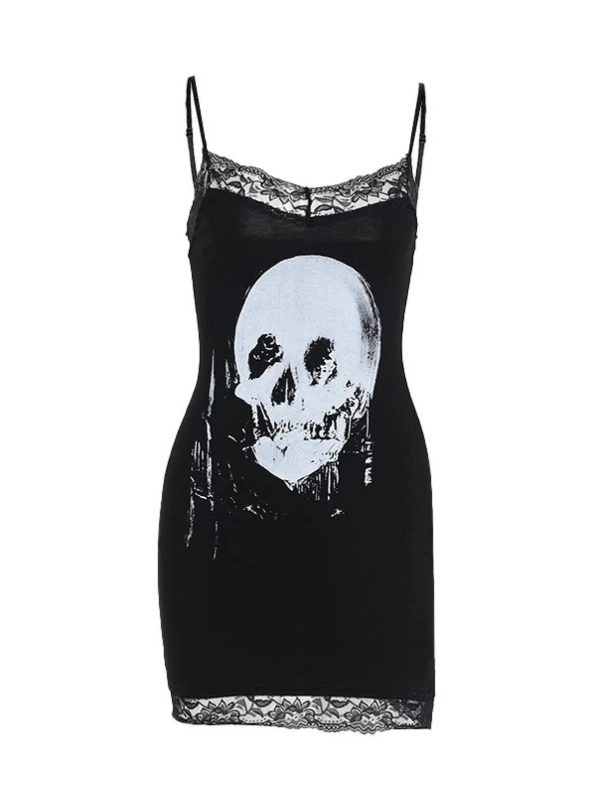 Skeleton Dark Style Halloween Lace Spaghetti Strap Fitted Dress