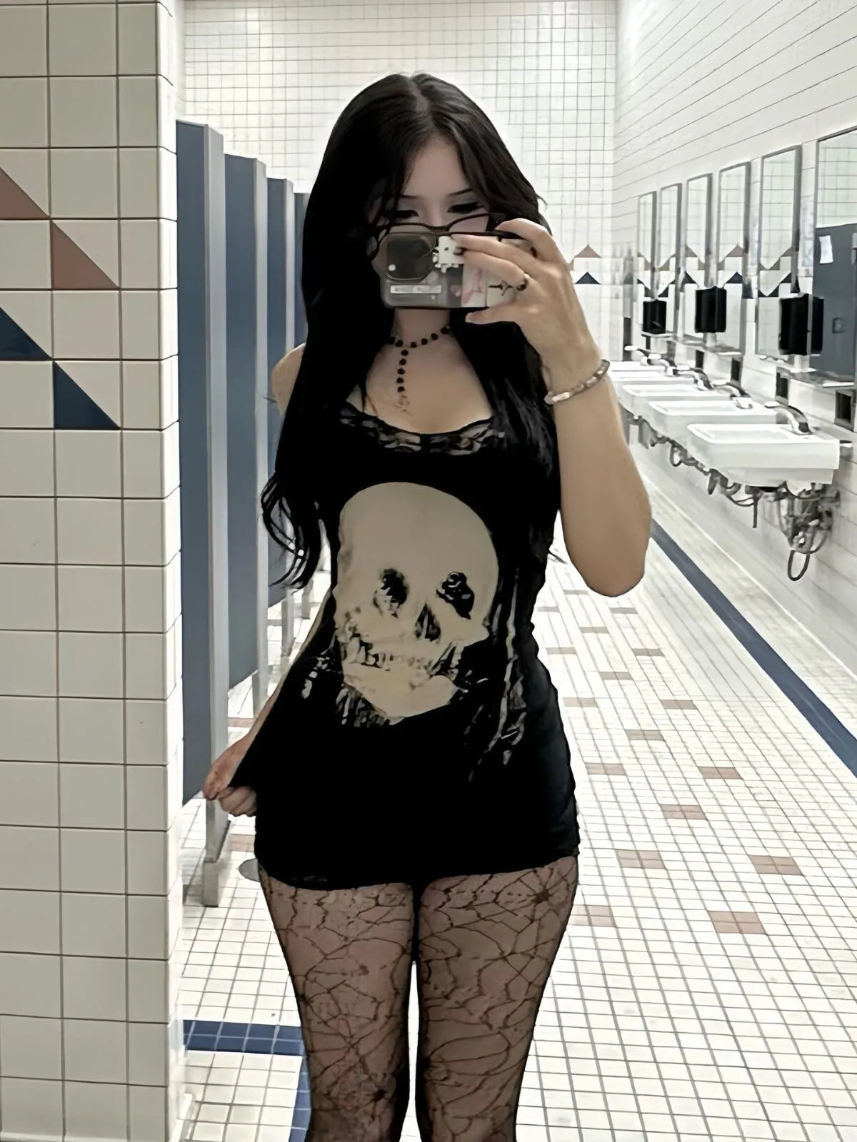 Skeleton Dark Style Halloween Lace Spaghetti Strap Fitted Dress