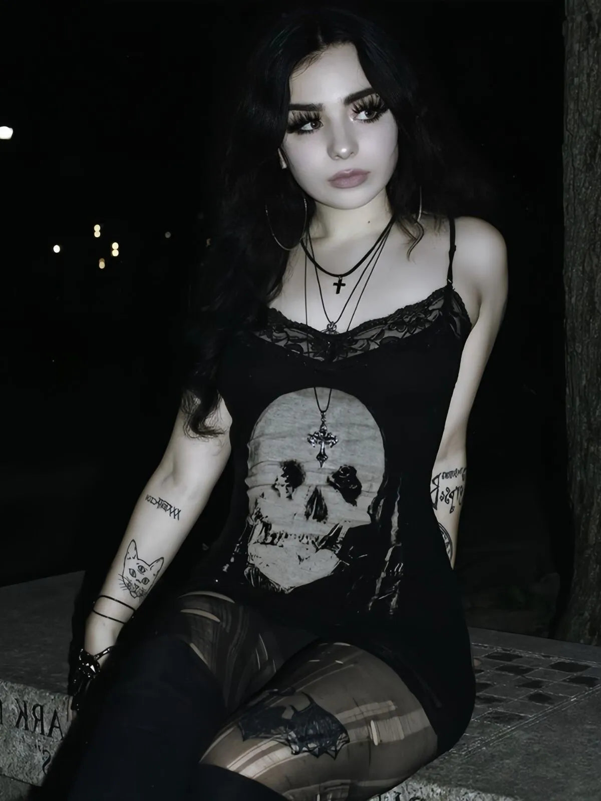 Skeleton Dark Style Halloween Lace Spaghetti Strap Fitted Dress