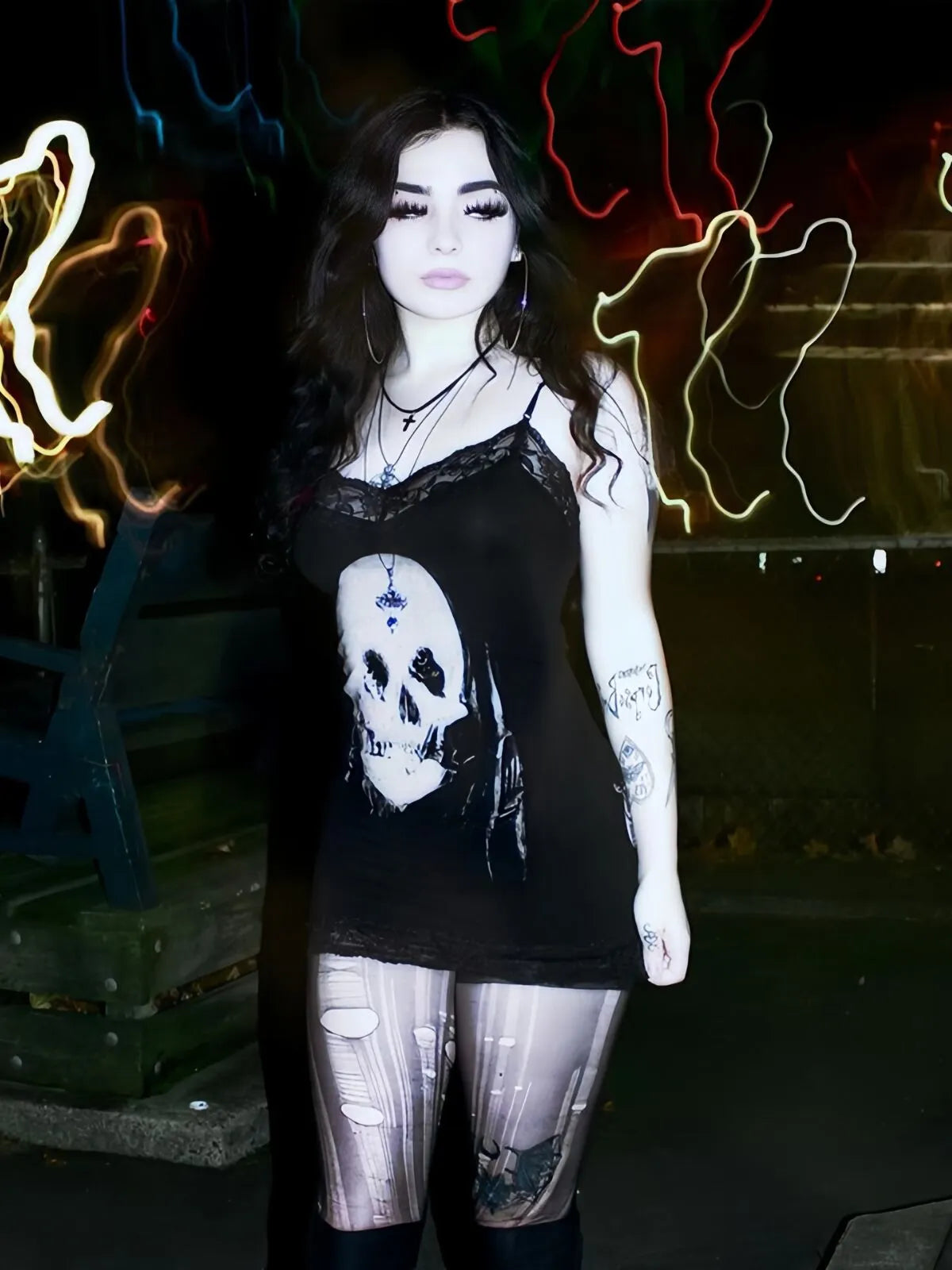 Skeleton Dark Style Halloween Lace Spaghetti Strap Fitted Dress