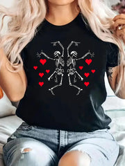 Skeleton Heart Print Round Neck T-shirt