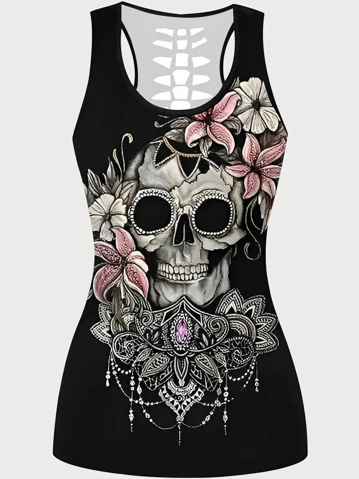 Skeleton Floral Scoop Sleeveless Tank Tee Dress
