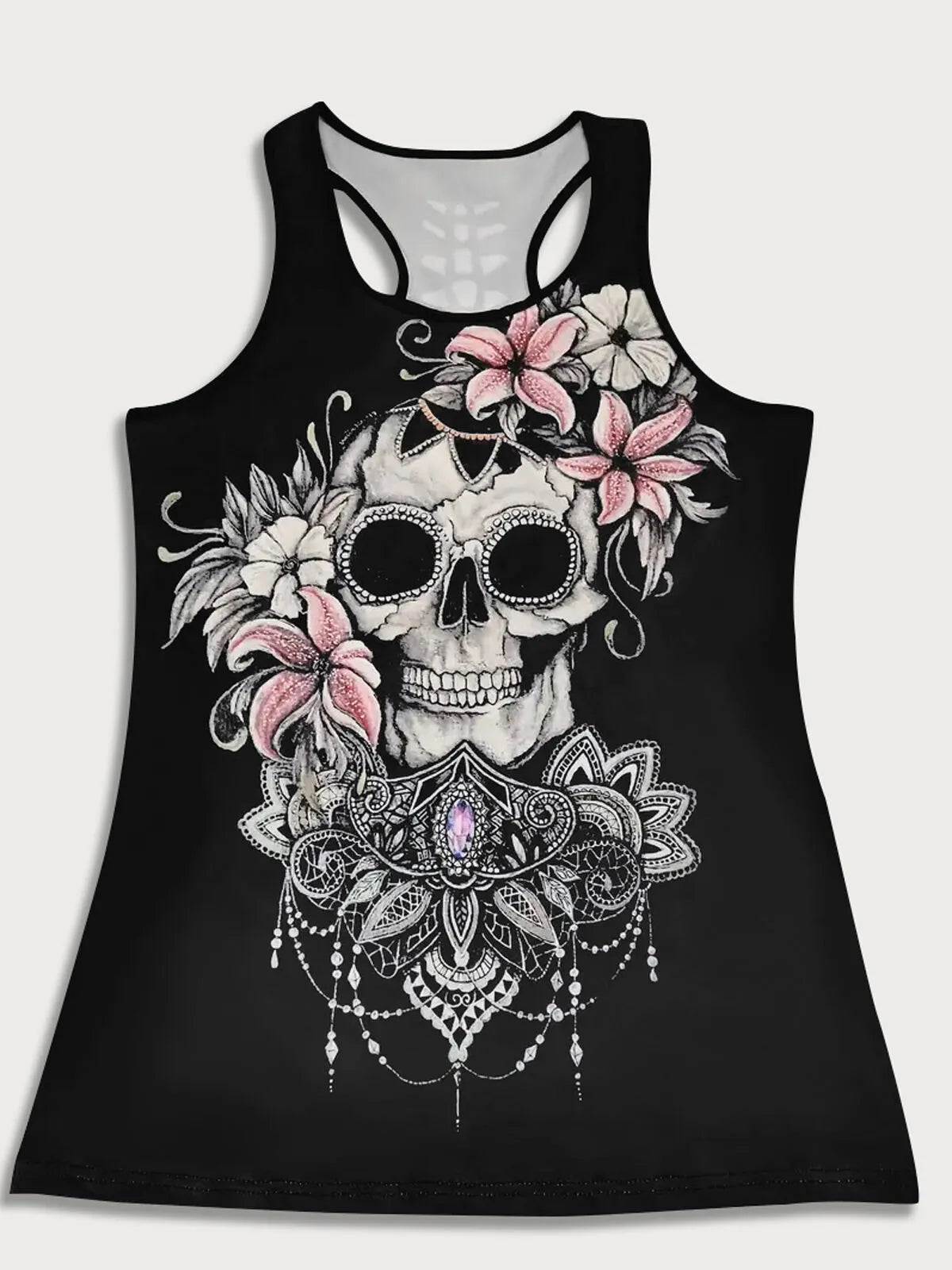 Skeleton Floral Scoop Sleeveless Tank Tee Dress