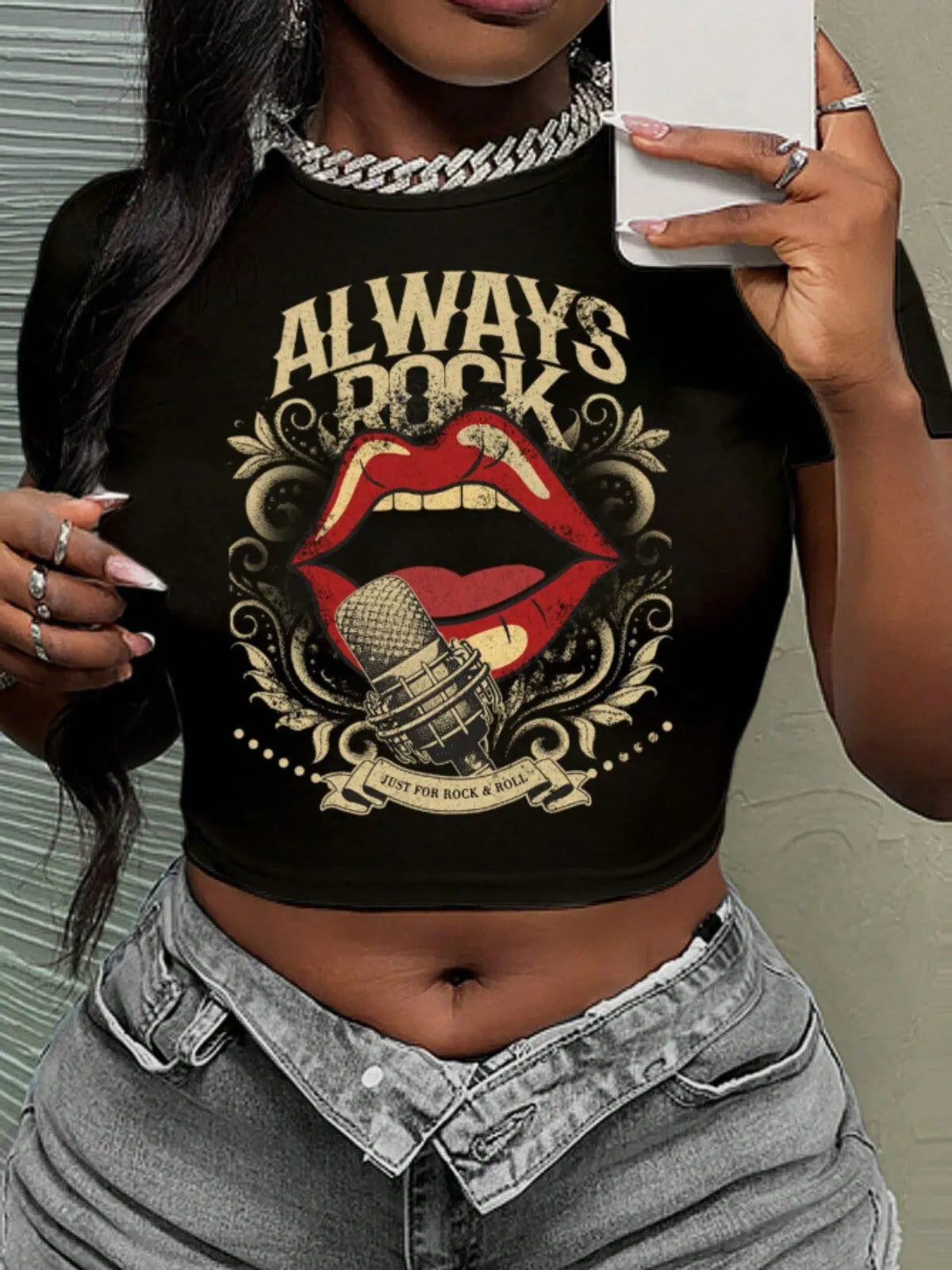 Slaydiva Sexy Red Lip Print Round Neck T-shirt