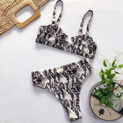 Snakeskin Print Metal Button Bikini Sets