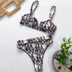 Snakeskin Print Metal Button Bikini Sets