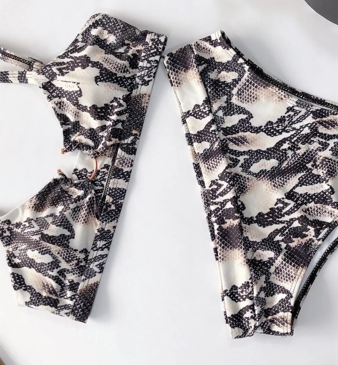 Snakeskin Print Metal Button Bikini Sets