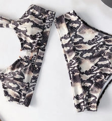 Snakeskin Print Metal Button Bikini Sets