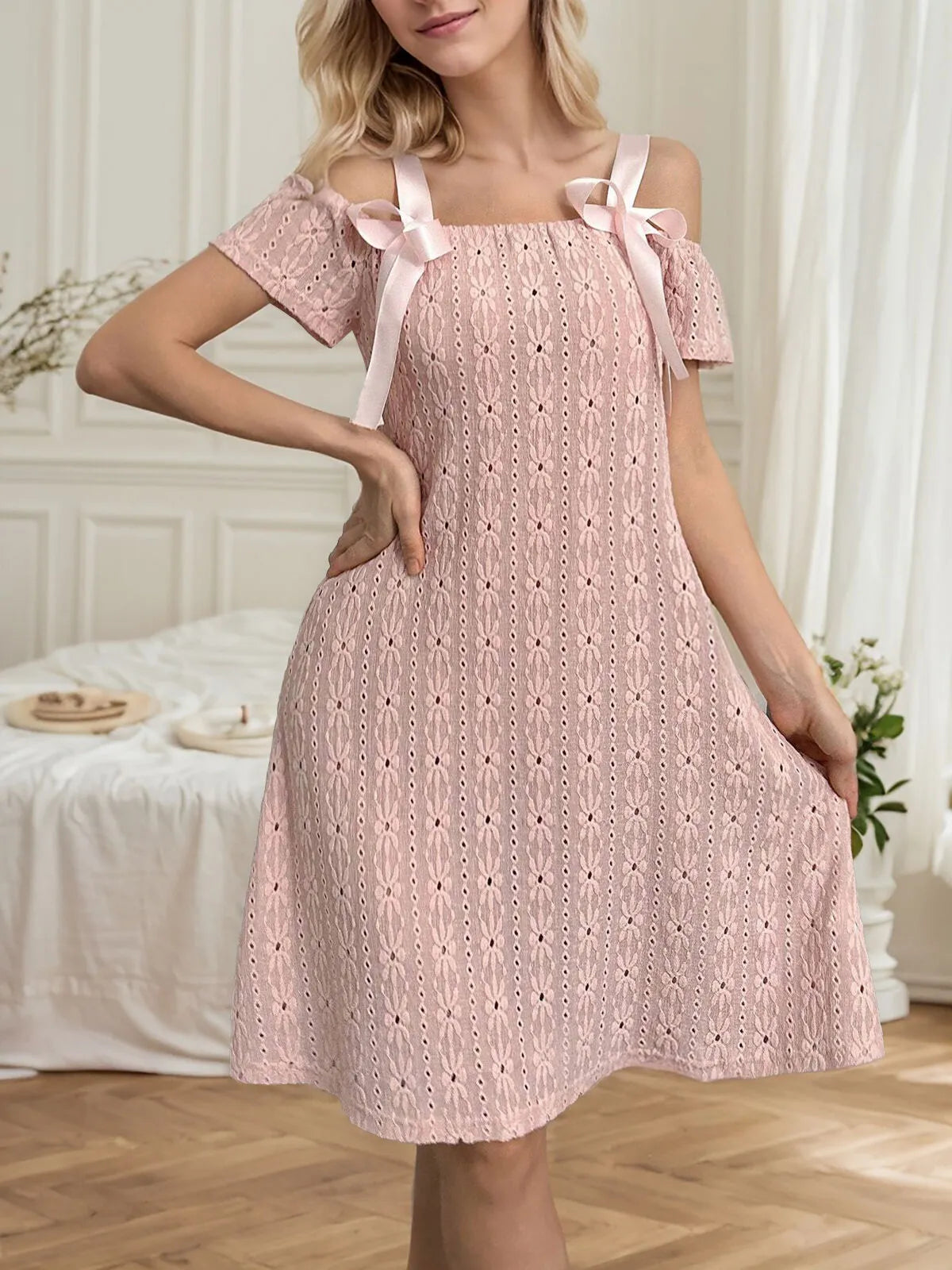 Daisy Floral Bow Off-Shoulder Nightgown