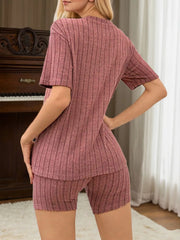 Solid Striped Regular Short Sleeve Pajama Shorts Set
