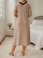 Solid Woven Fabric Regular Short Sleeve Nightgown