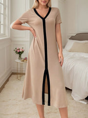 Solid Woven Fabric Regular Short Sleeve Nightgown
