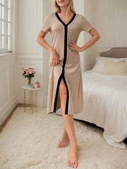 Solid Woven Fabric Regular Short Sleeve Nightgown