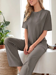 Solid Regular Short Sleeve Pajiama Pants Set