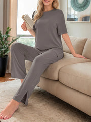 Solid Regular Short Sleeve Pajiama Pants Set