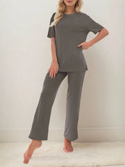 Solid Regular Short Sleeve Pajiama Pants Set