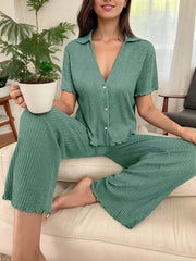 Solid Button Short Sleeve Pajama Pants Set