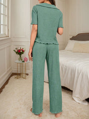 Solid Button Short Sleeve Pajama Pants Set