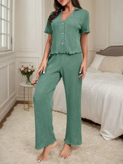 Solid Button Short Sleeve Pajama Pants Set